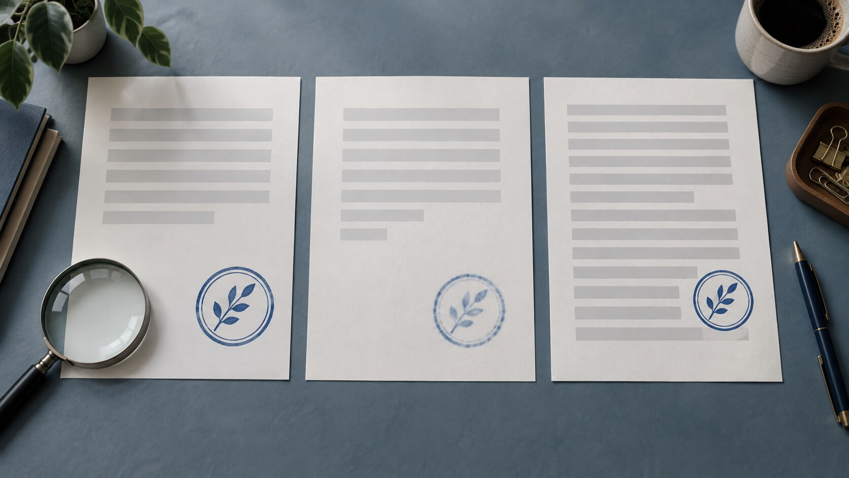 Three conceptual PDF page proofs comparing clear, soft, and crowded digital stamp placement