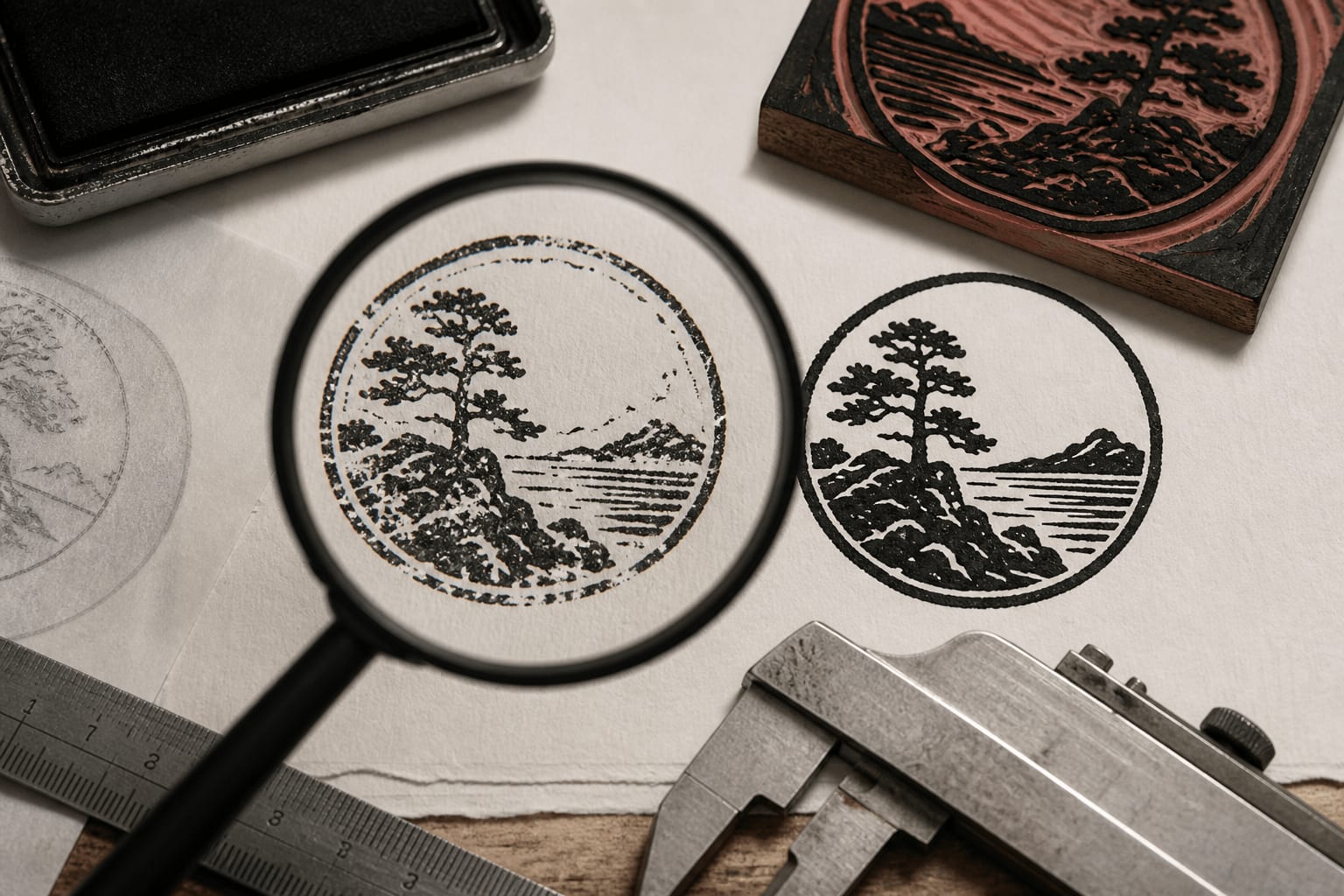 Actual-size rubber stamp proofs comparing clogged fine detail with a clearer simplified impression