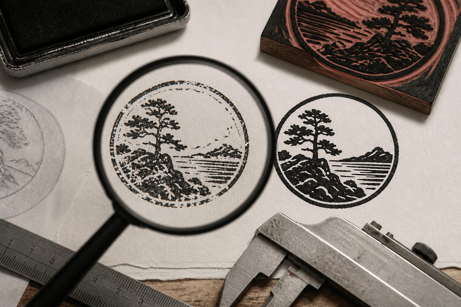 Actual-size rubber stamp proofs comparing clogged fine detail with a clearer simplified impression