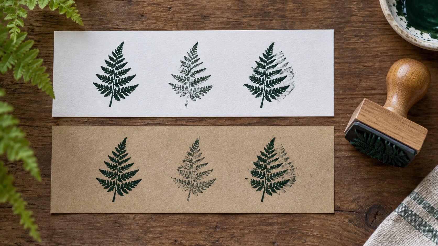 Fern stamp impressions on white and kraft paper showing clear, weak and doubled marks