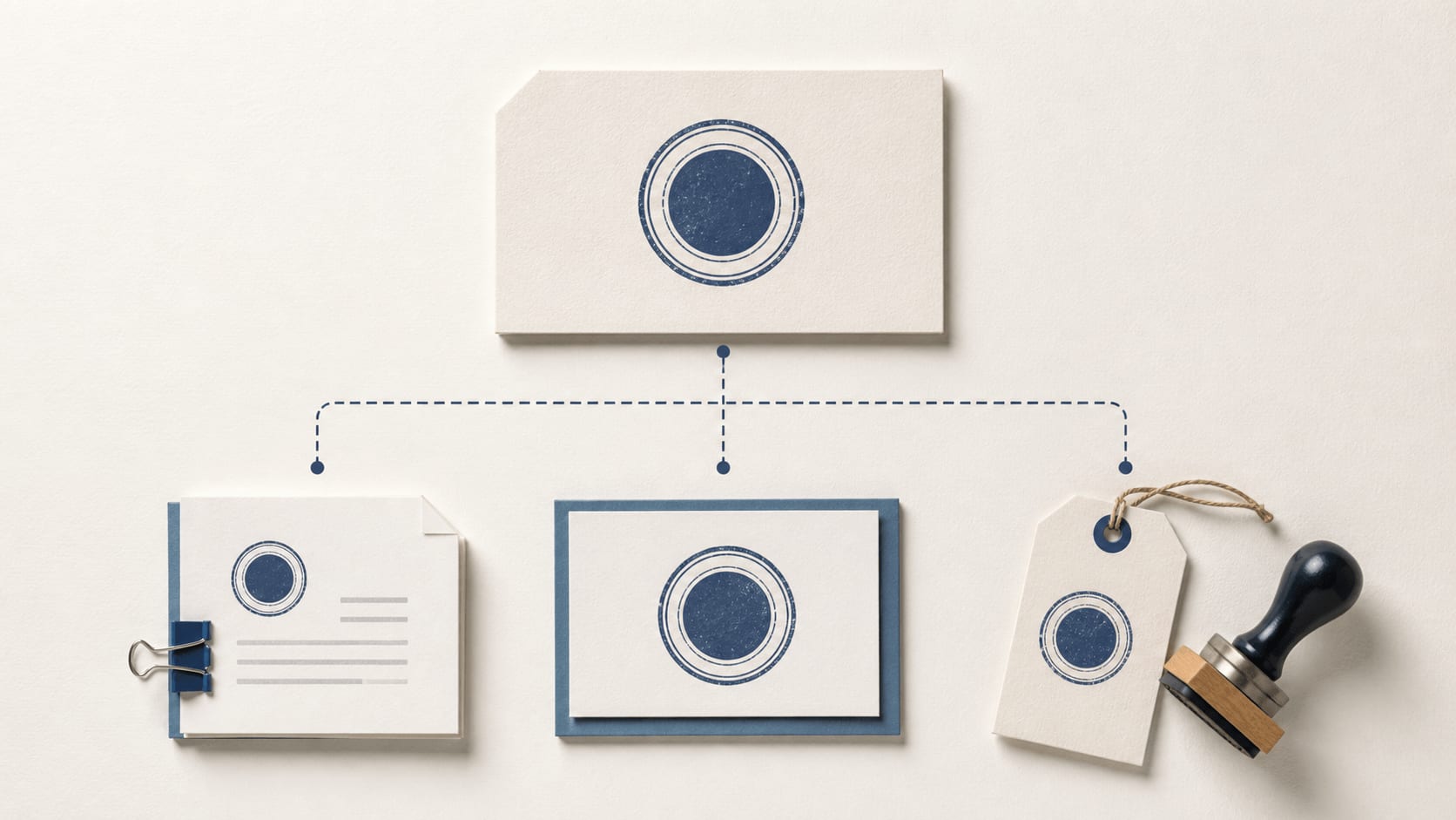 One editable stamp master organized into document, print, and production outputs