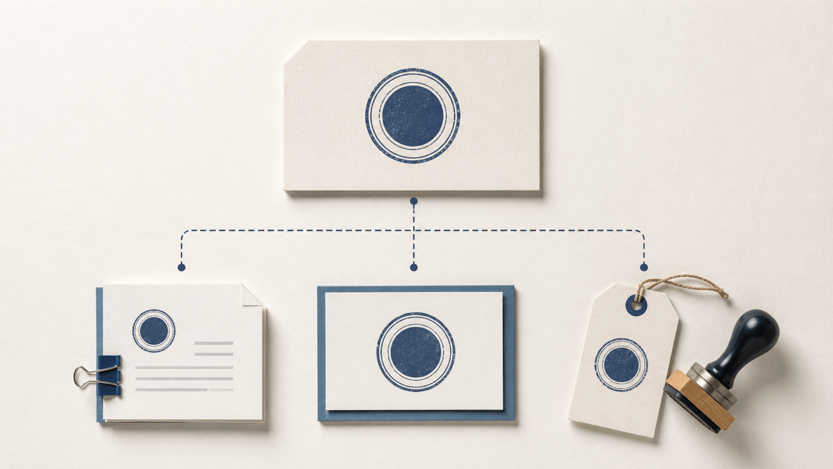 One editable stamp master organized into document, print, and production outputs