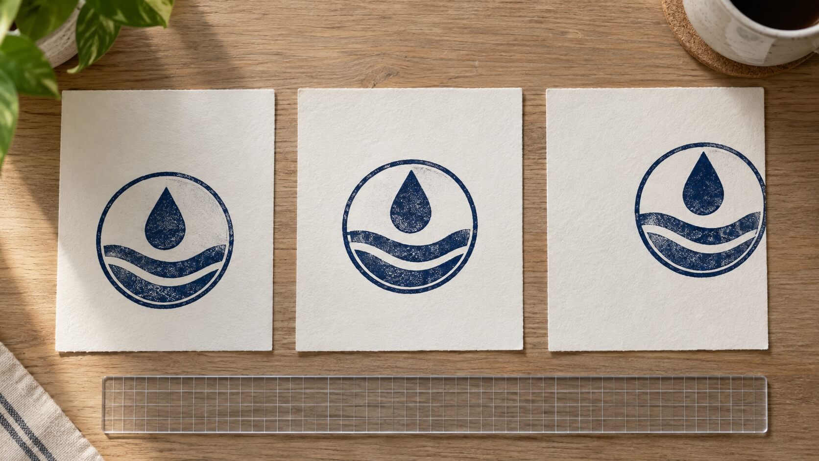 Three abstract circular stamp proofs comparing geometric and optical centering on cream paper
