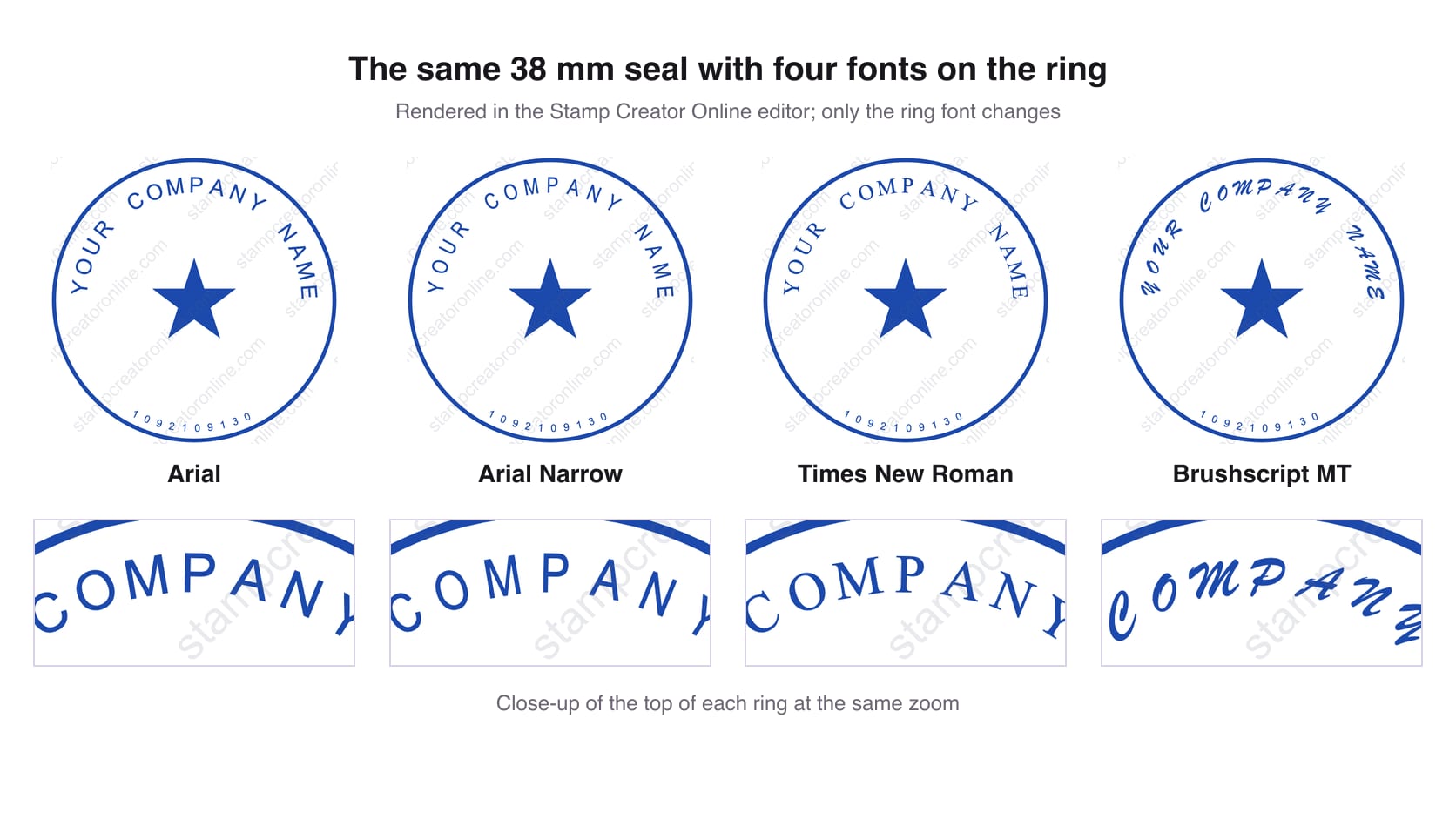 The same round seal rendered with Arial, Arial Narrow, Times New Roman and Brushscript MT on the ring, with close-ups of the word COMPANY