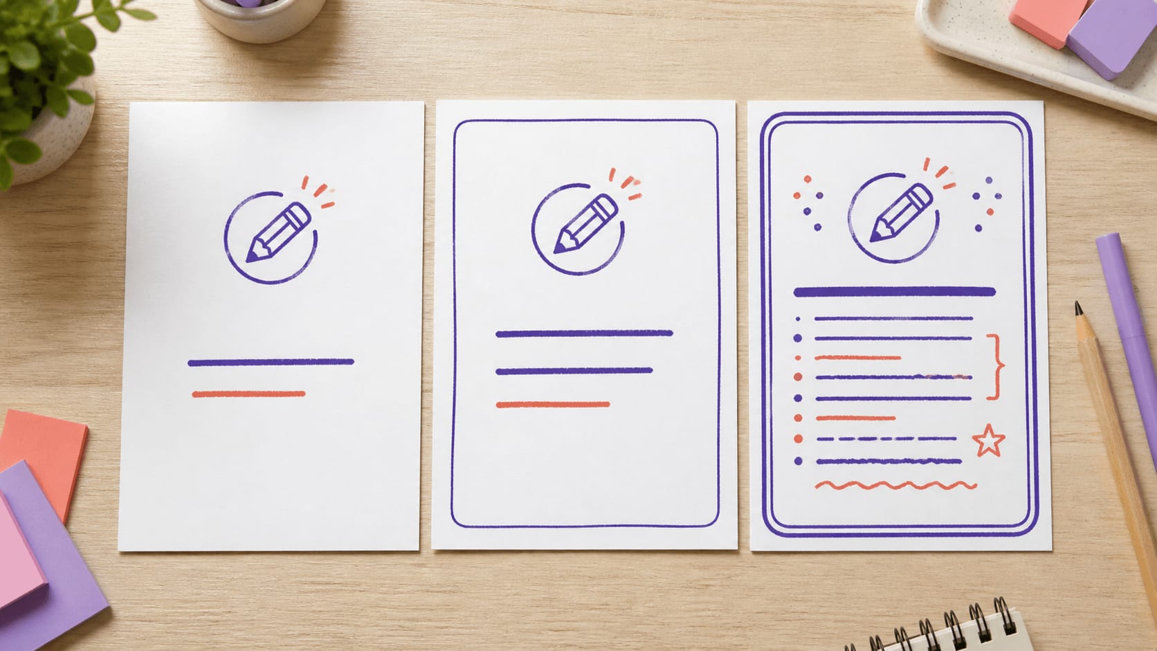 Three classroom feedback stamp proofs progressing from a clear pencil cue to an overcrowded layout