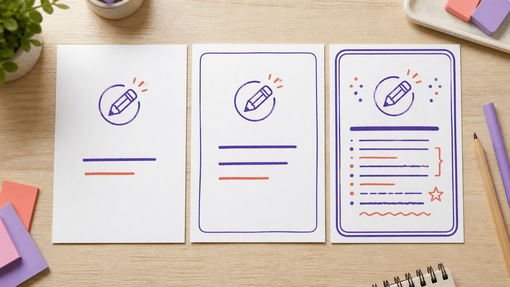 Three classroom feedback stamp proofs progressing from a clear pencil cue to an overcrowded layout