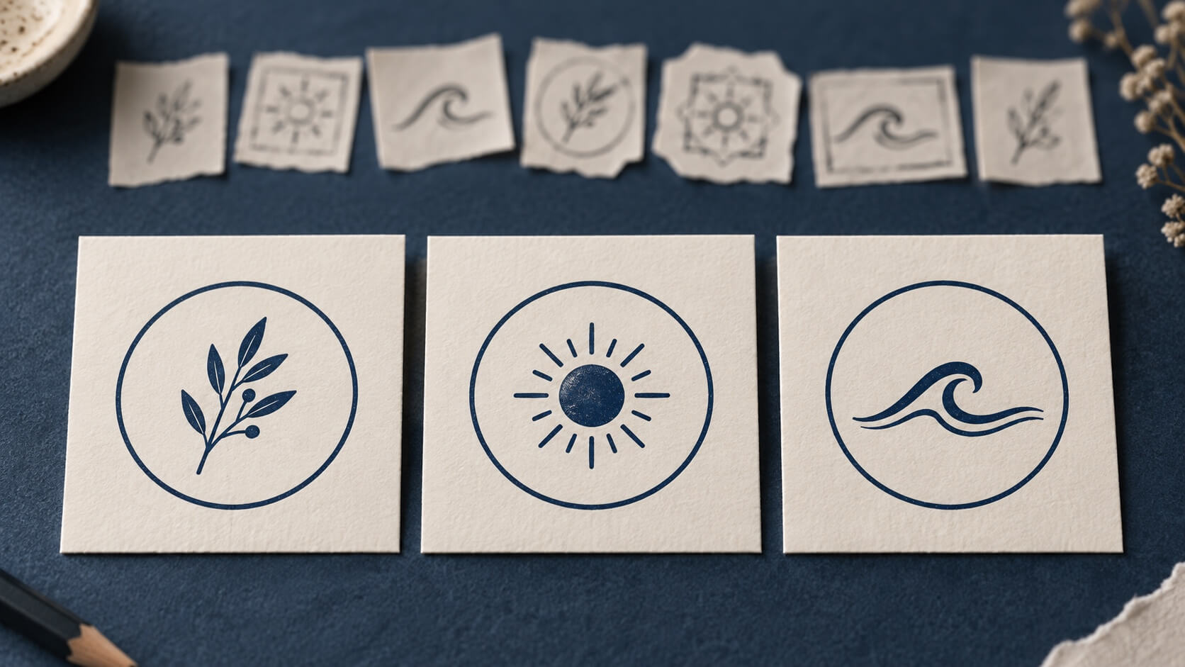Sprig, sun and wave stamp concepts sharing a circular frame on three cream cards