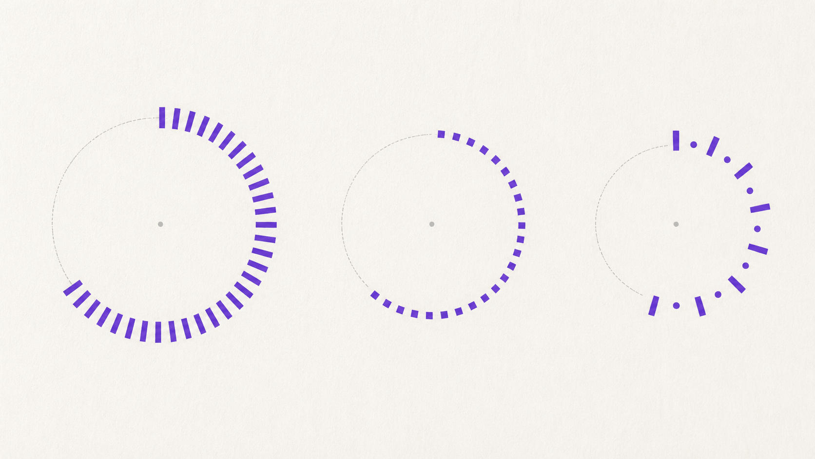 Three circular path studies comparing radius, start position, and spacing