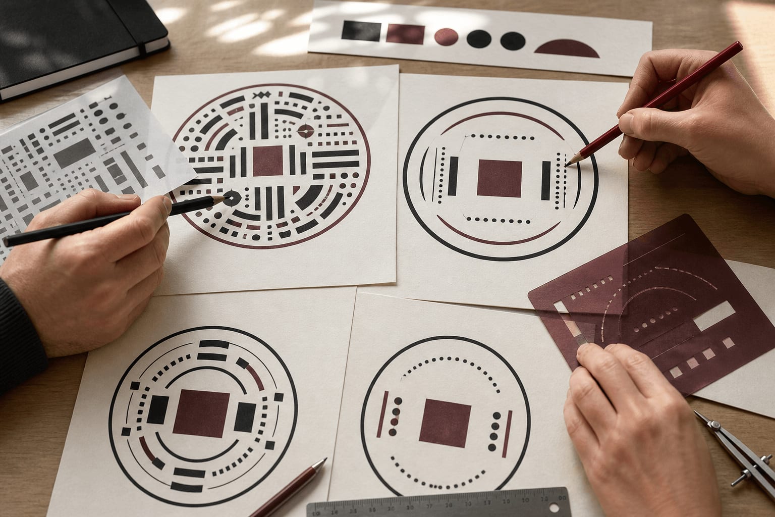 Reviewers comparing crowded and clear actual-size bilingual company seal proofs