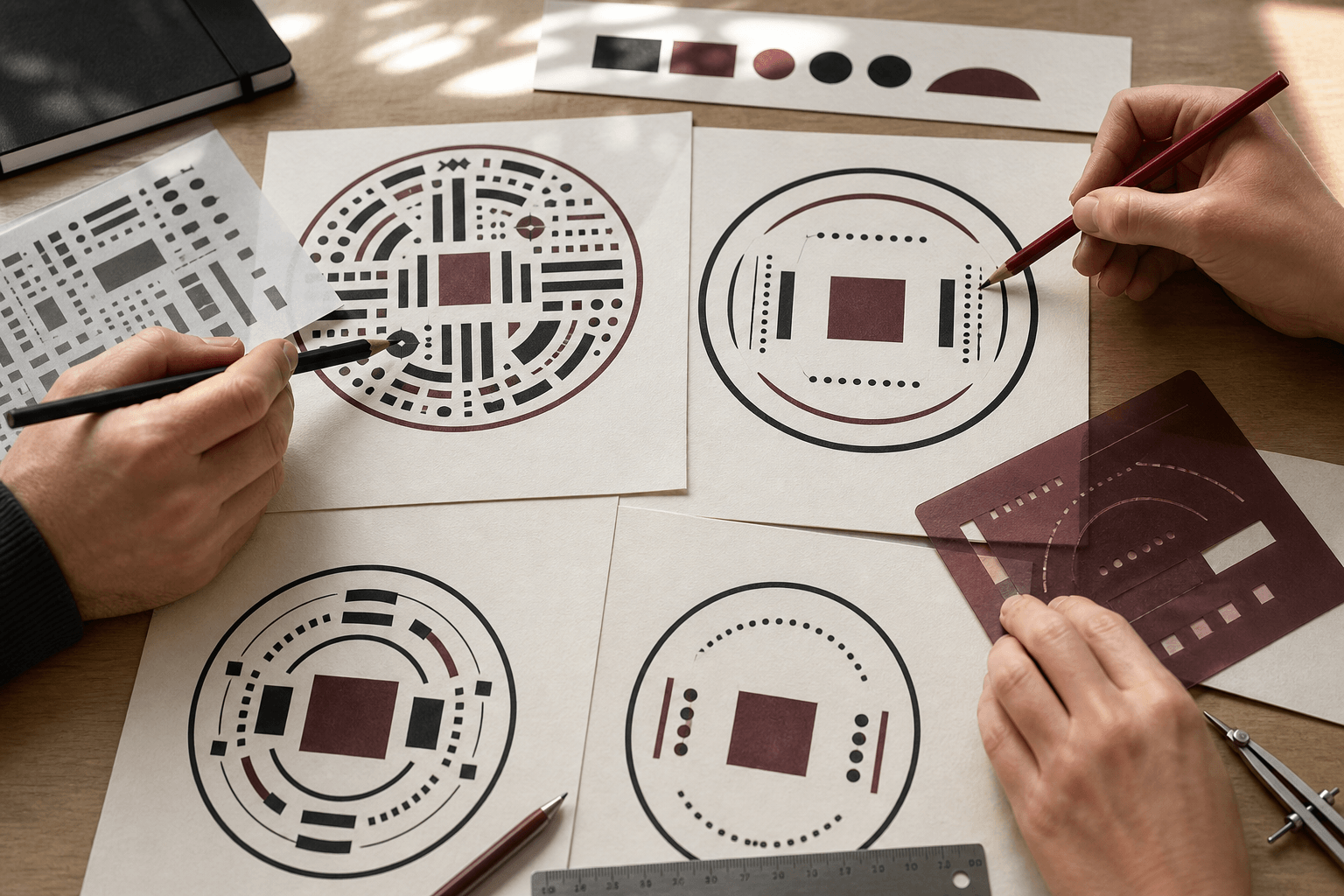 Reviewers comparing crowded and clear actual-size bilingual company seal proofs