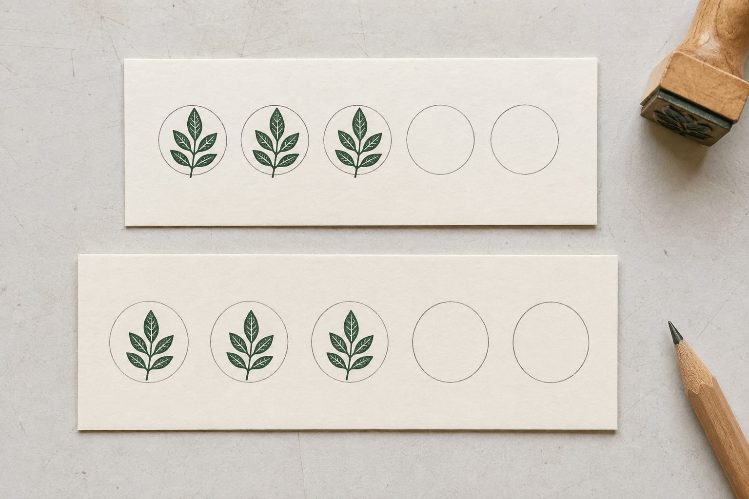 Two illustrative loyalty card proofs comparing tighter circles with more space around green leaf stamps
