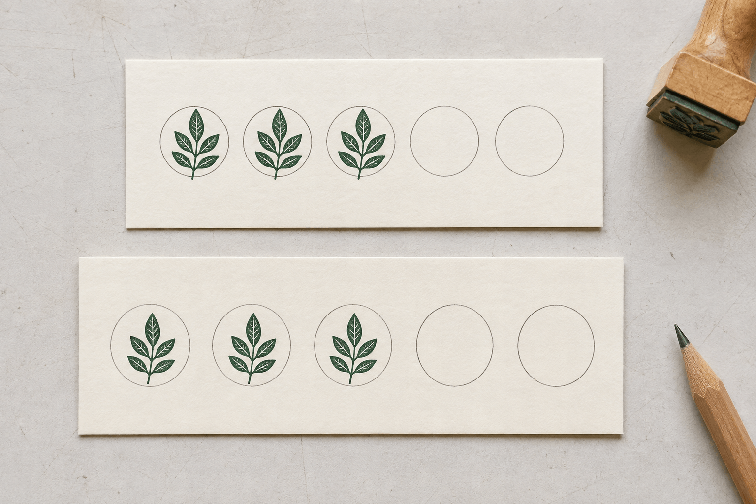 Two illustrative loyalty card proofs comparing tighter circles with more space around green leaf stamps