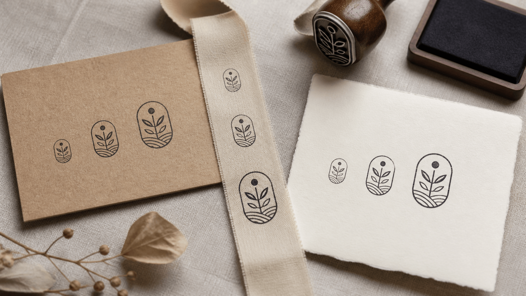 Maker's mark proofed at several sizes on kraft card, cotton ribbon, and cream paper