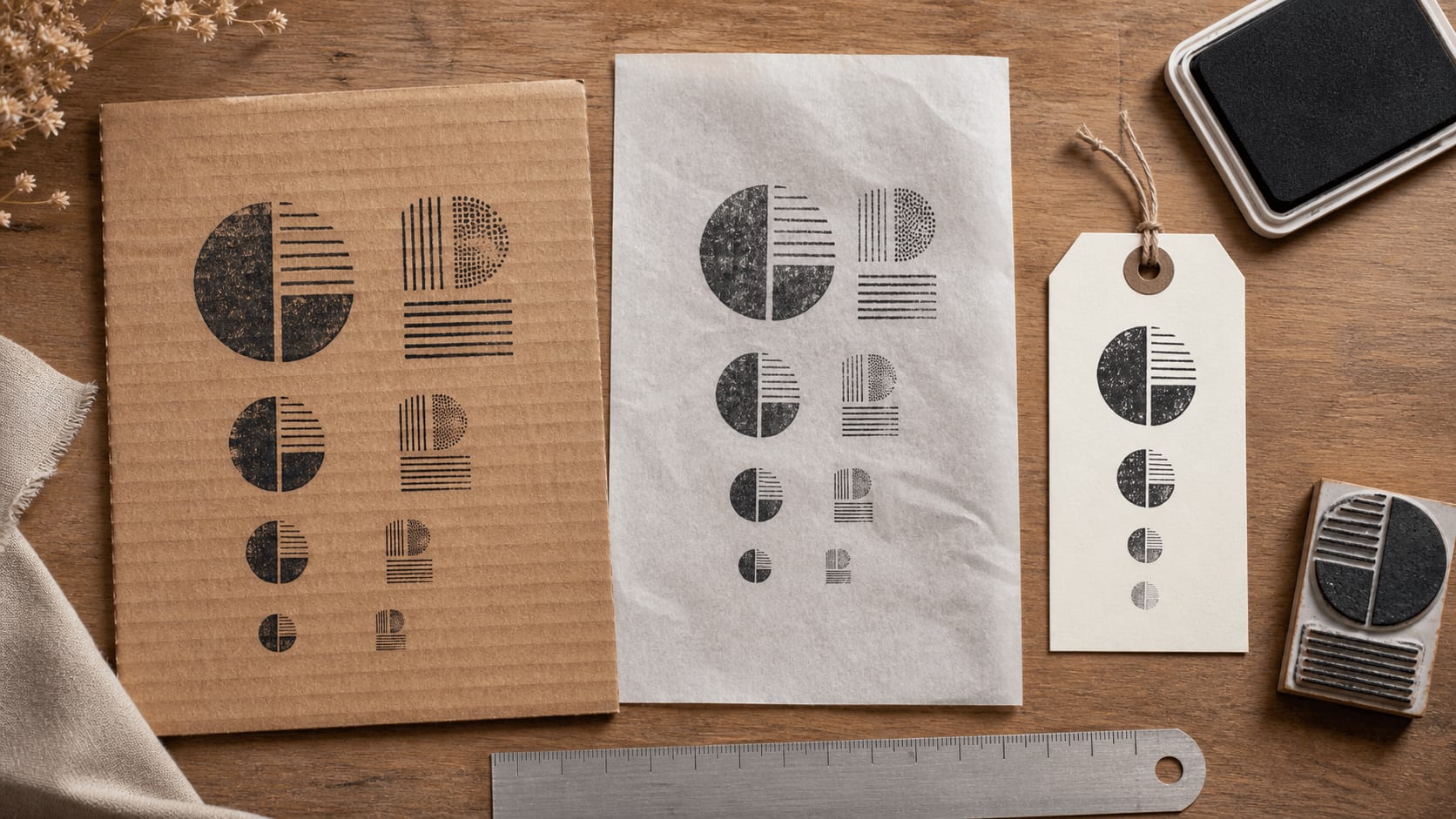 Packaging stamp size and line-weight proofs on kraft board, tissue paper, and a tag