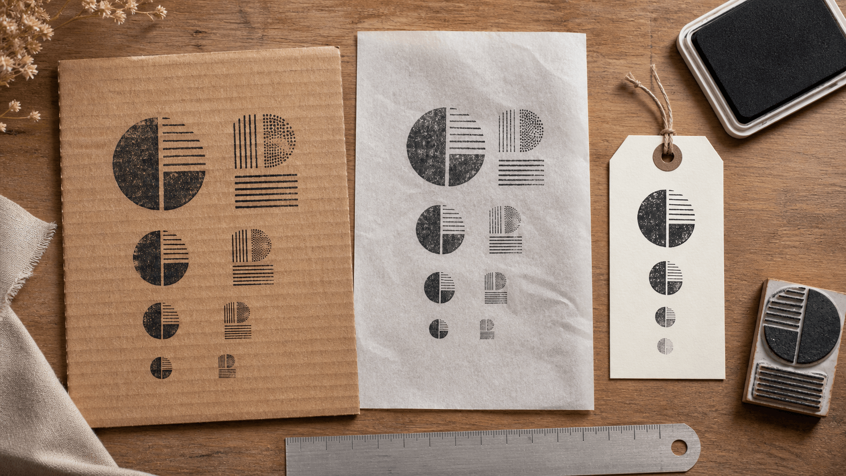 Packaging stamp size and line-weight proofs on kraft board, tissue paper, and a tag