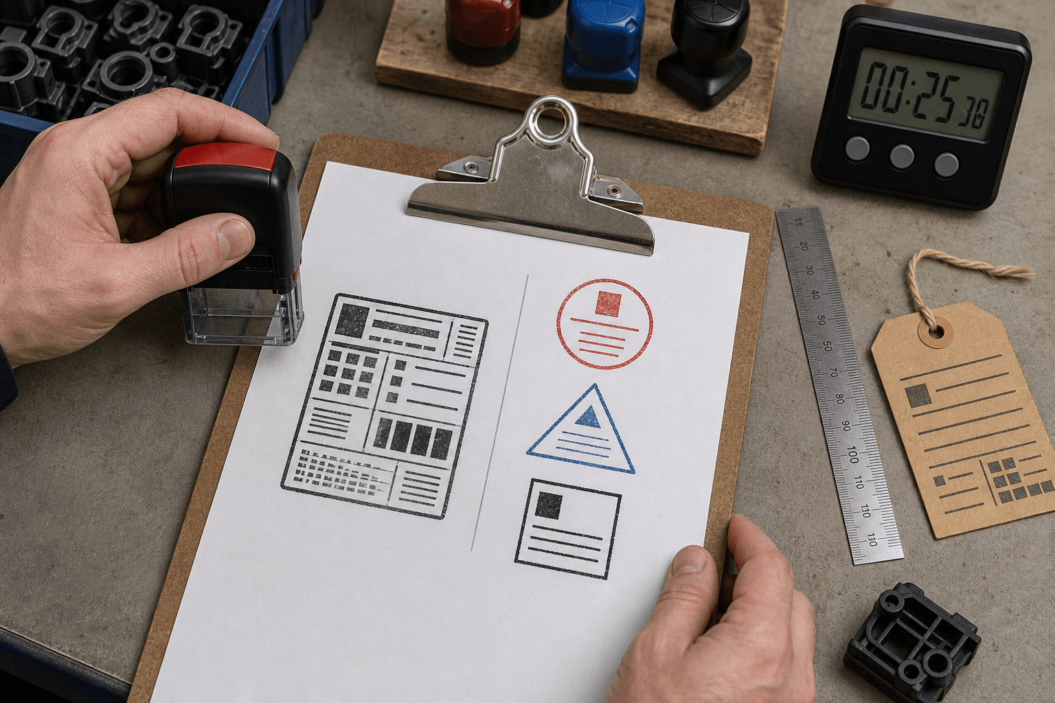 Actual-size proofs comparing a crowded inspection stamp with a clearer family of status marks