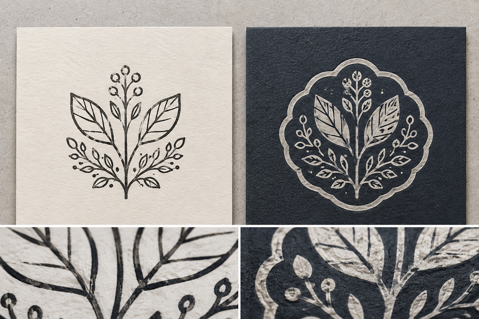 Positive and reverse stamp proofs on light and dark paper comparing open letters and solid ink coverage
