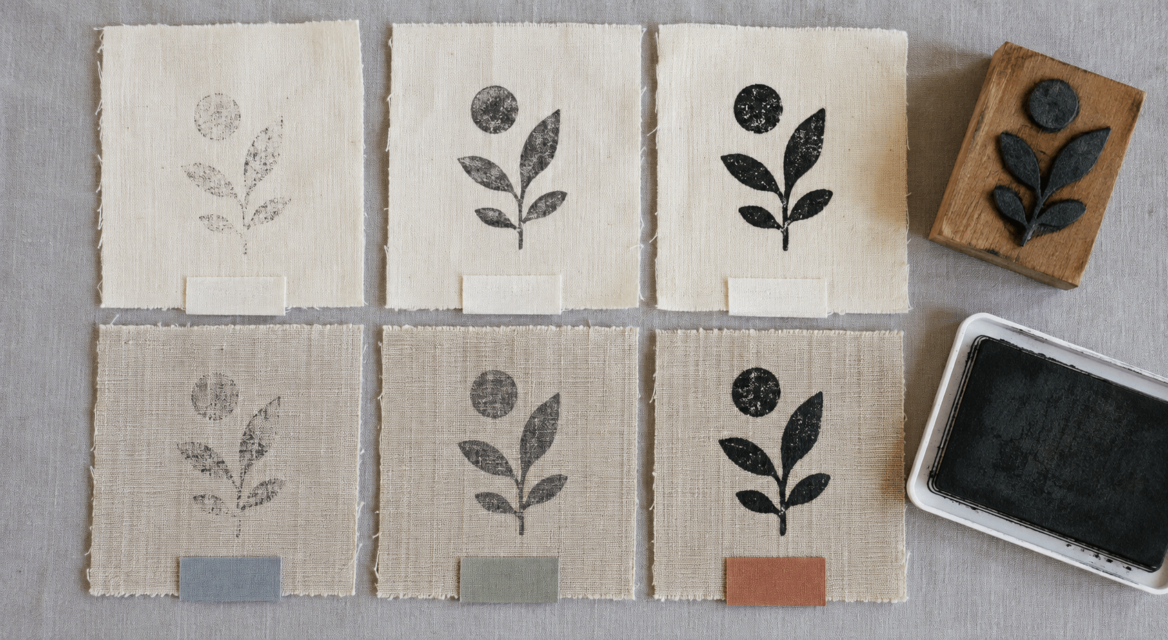 Cotton and linen swatches showing light, normal, and heavy fabric-stamp impressions side by side