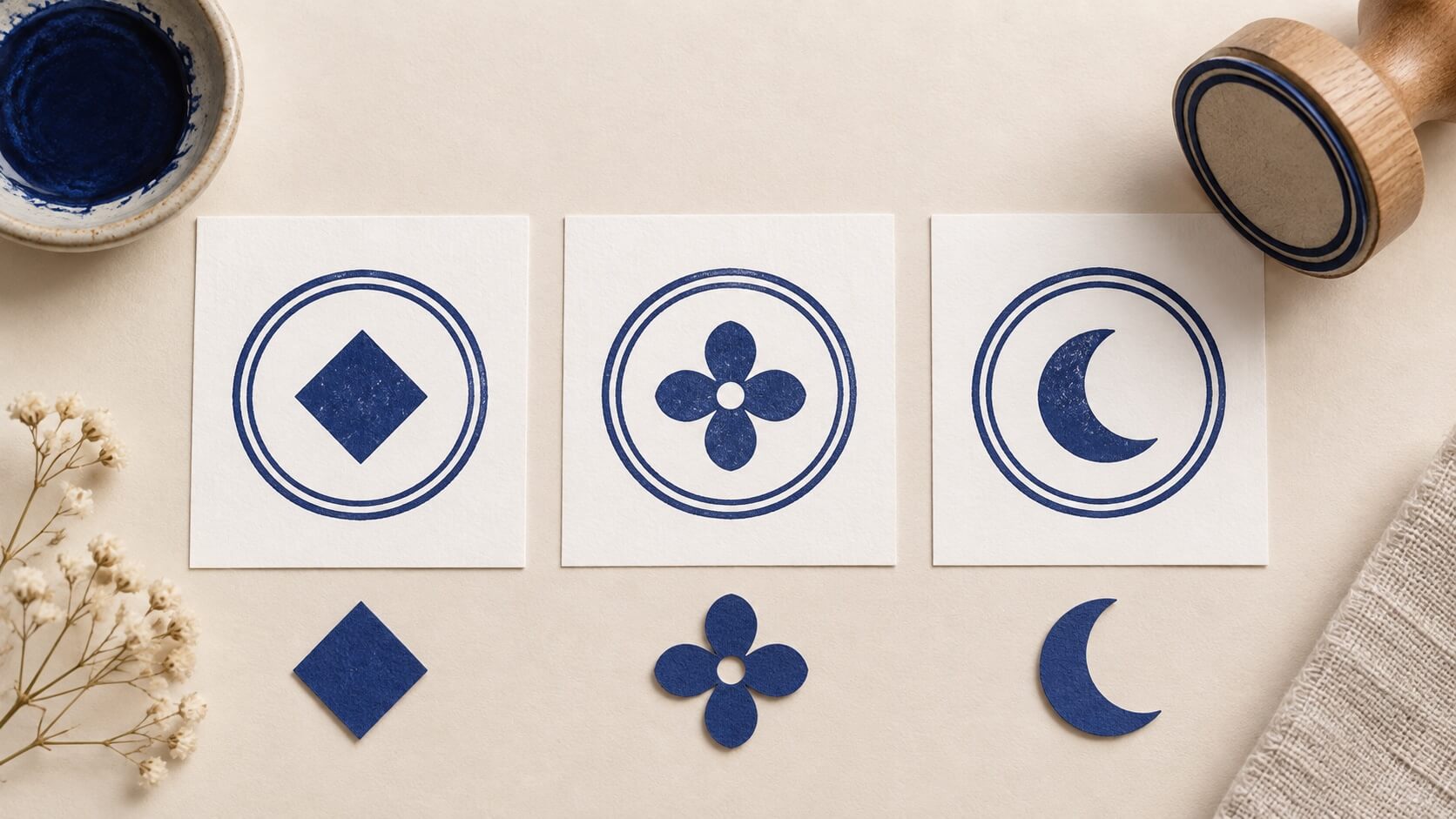Three double-ring stamp concepts with interchangeable diamond, flower and crescent centers