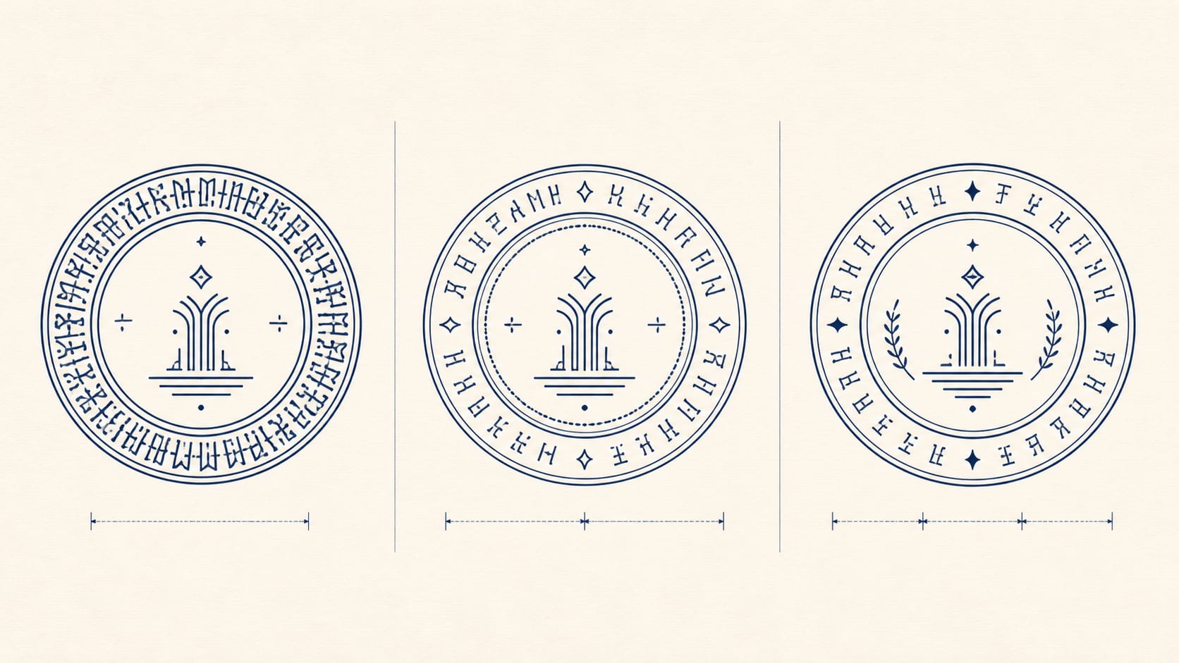 Three round seal layouts comparing cramped text with balanced arc distribution