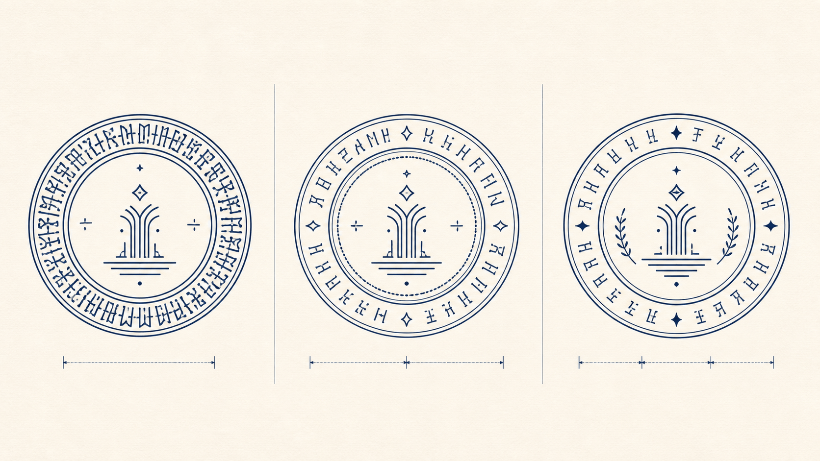 Three round seal layouts comparing cramped text with balanced arc distribution