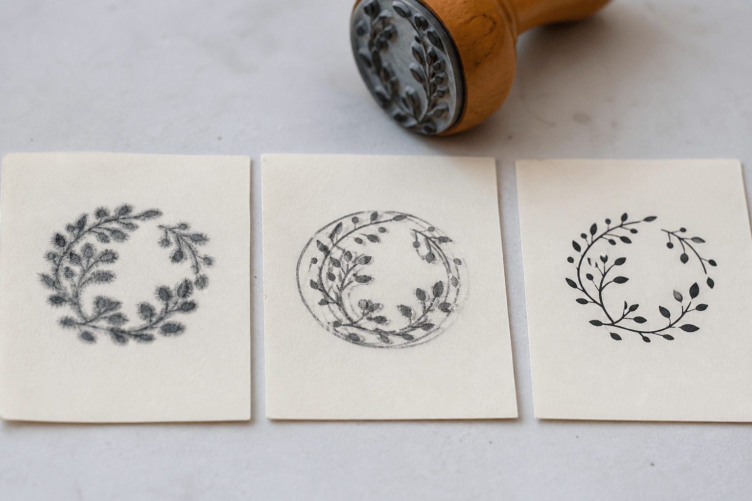 Illustrative paper proofs showing feathered, doubled, and crisp circular botanical stamp impressions