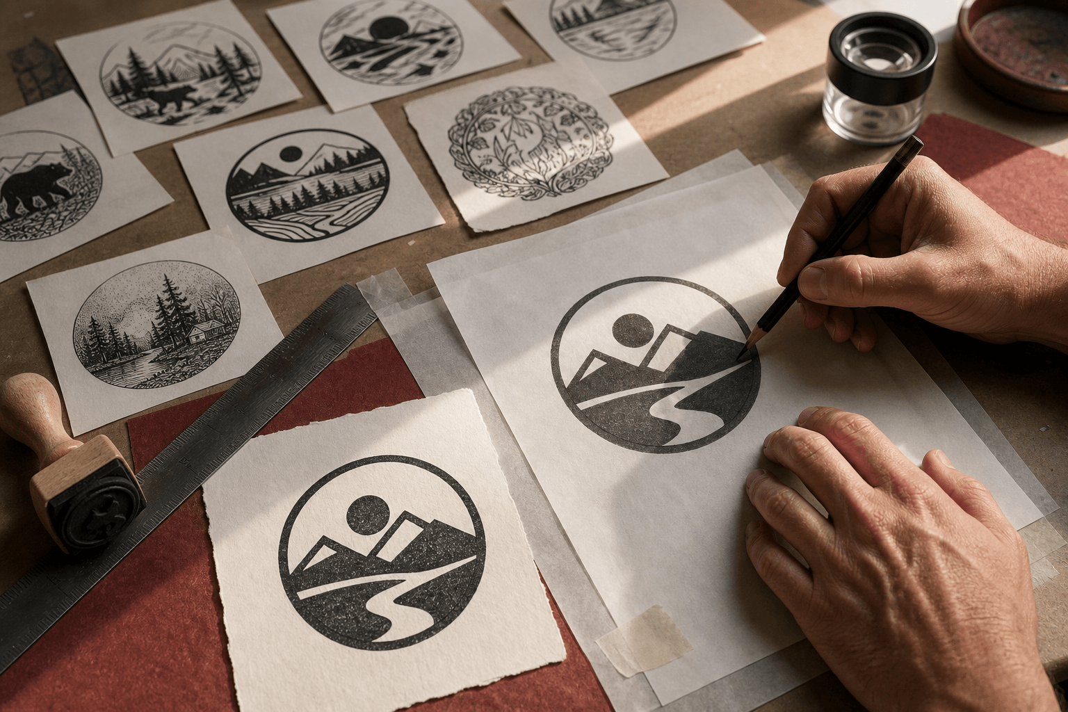 Designer simplifying several AI stamp concepts into a bold actual-size black ink proof