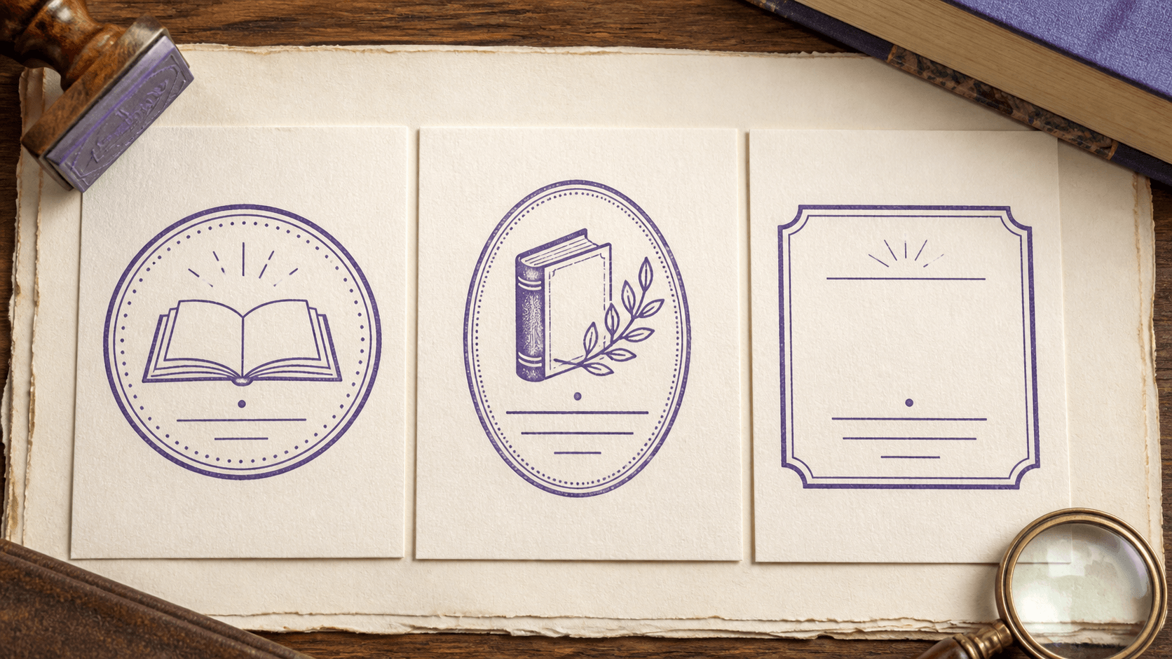 Round, oval, and rectangular personal library stamp layouts with book motifs and abstract name lines