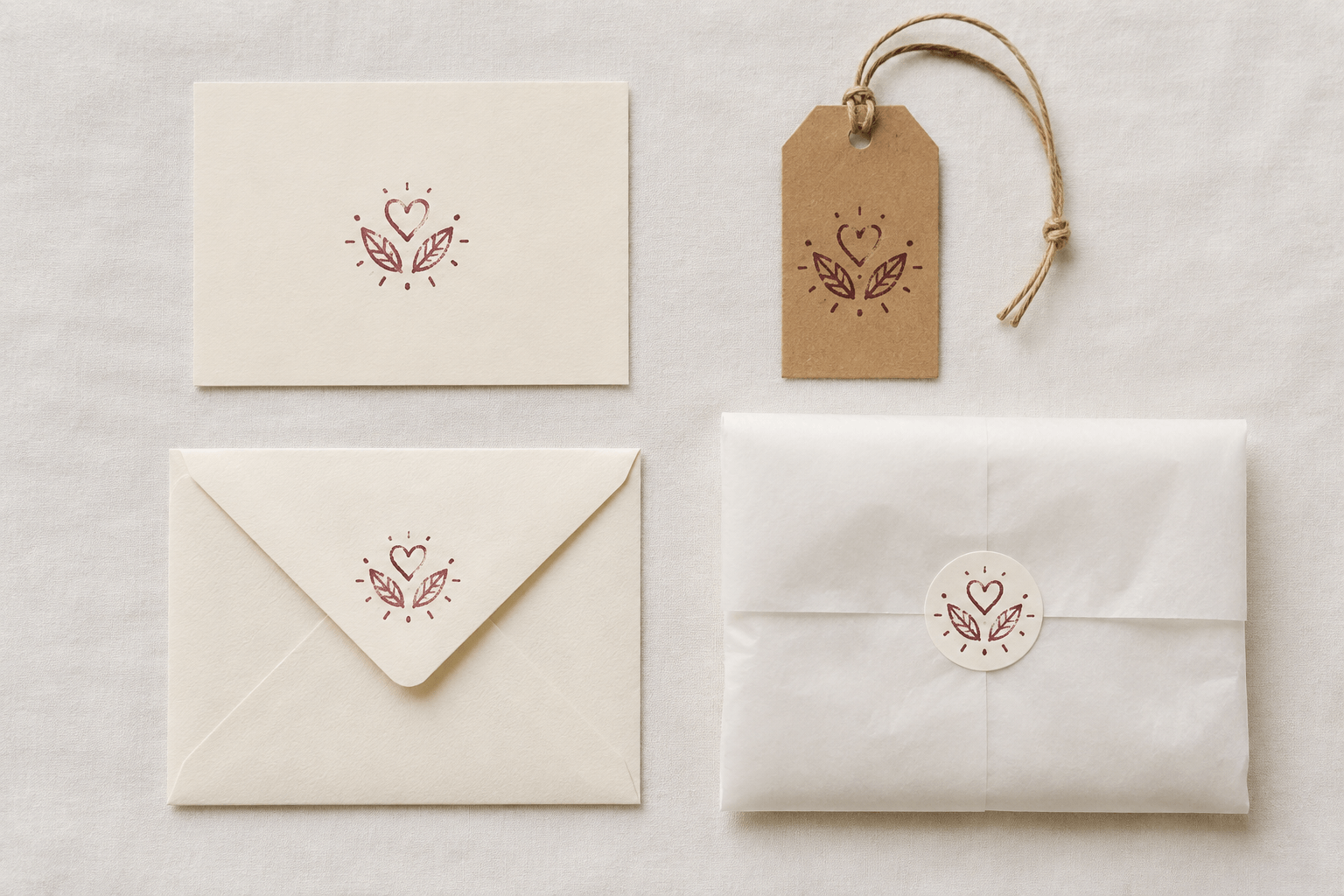 Thank-you stamp placement proofs arranged across an insert card, paper tag, envelope, and tissue wrap