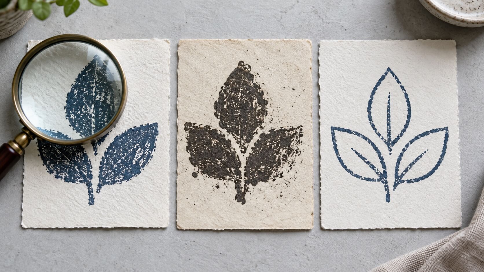 Three leaf impressions showing different texture, density and outline treatments