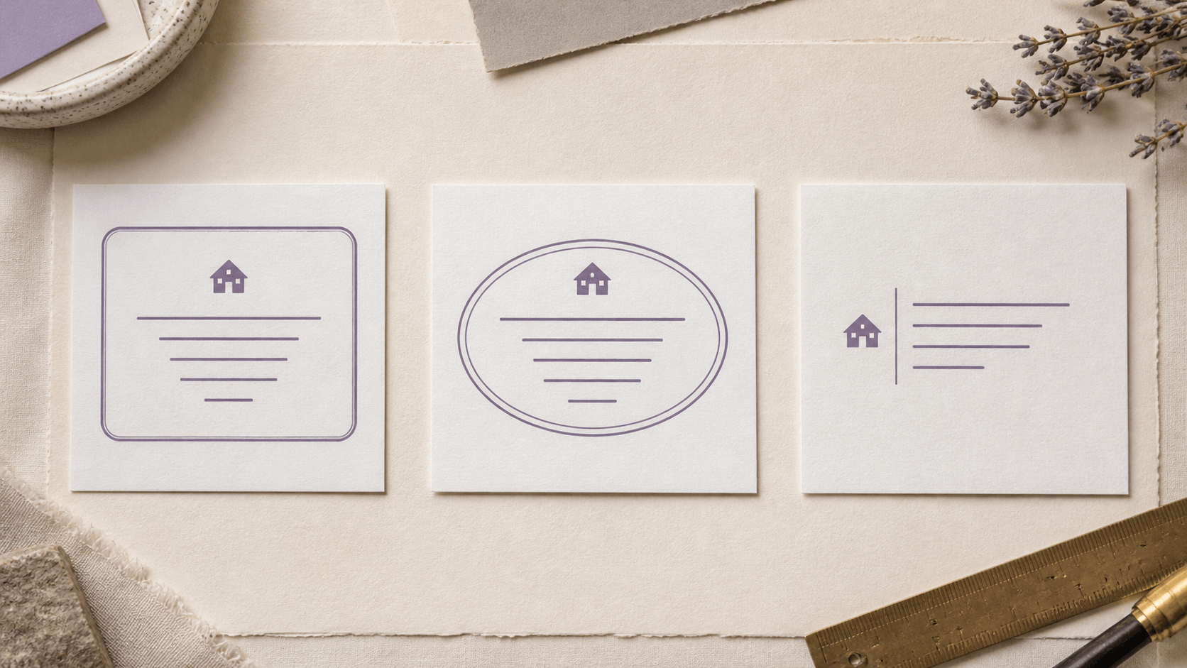 Rectangular, oval, and side-icon return address stamp hierarchy proofs arranged on cream cards