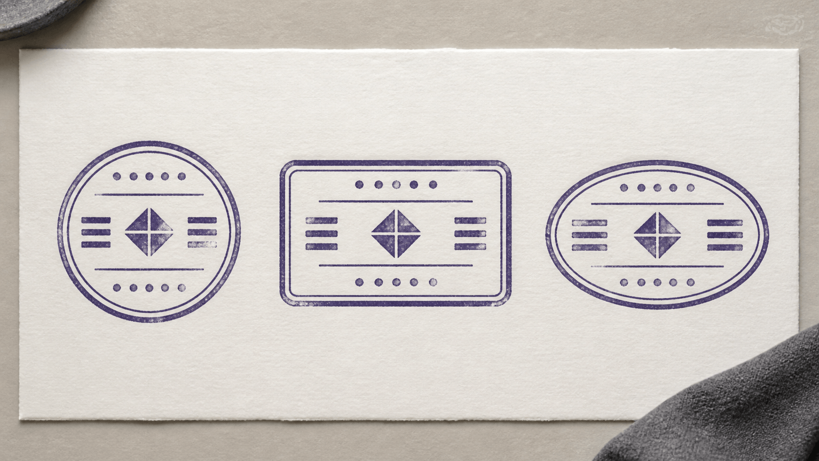 The same abstract stamp content arranged in round, rectangular, and oval layouts