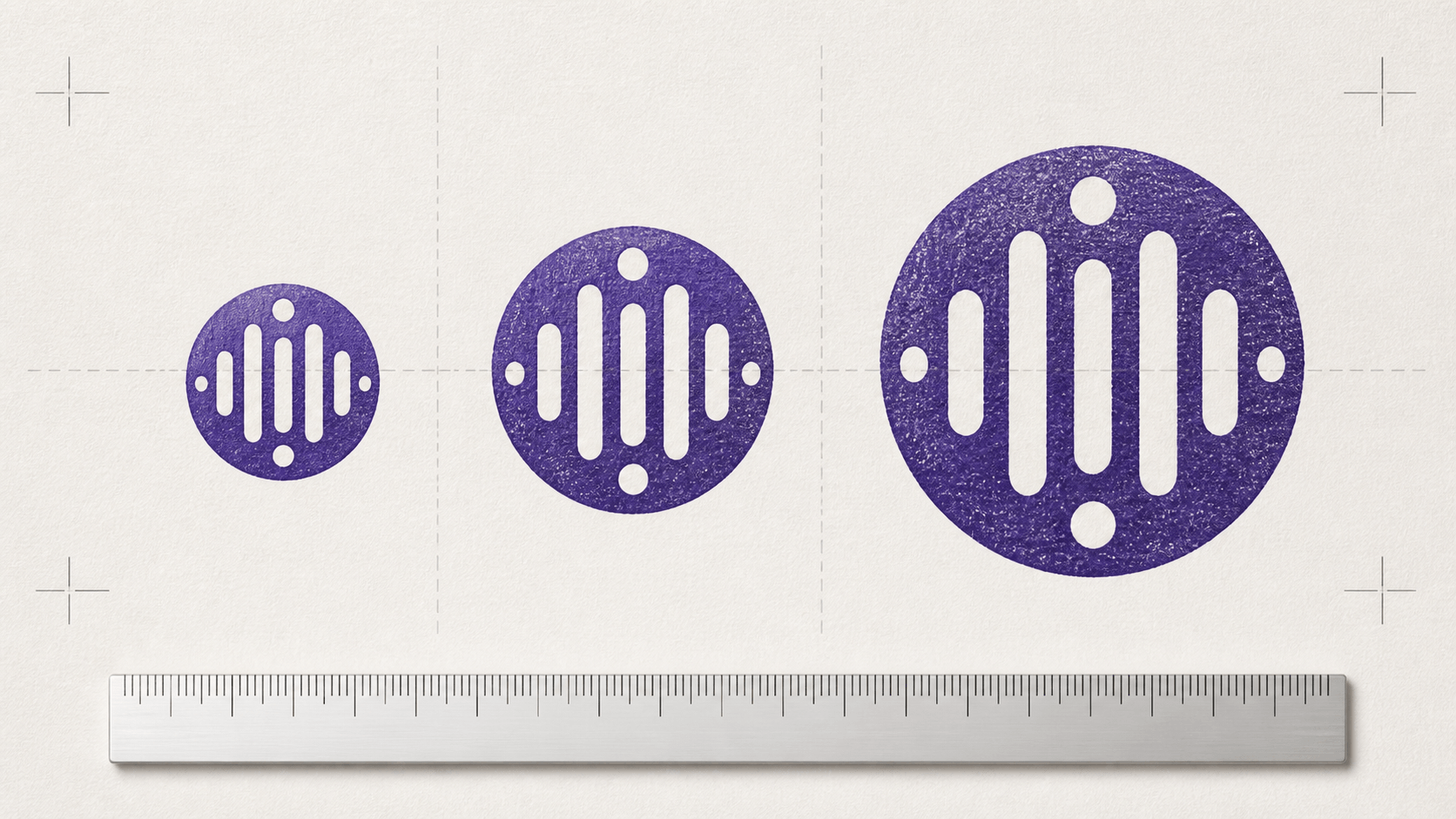 The same abstract round stamp shown at three physical proof sizes