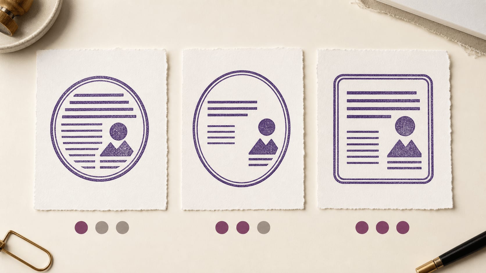 Round, oval, and rectangular stamp template proofs stress-tested with identical abstract content