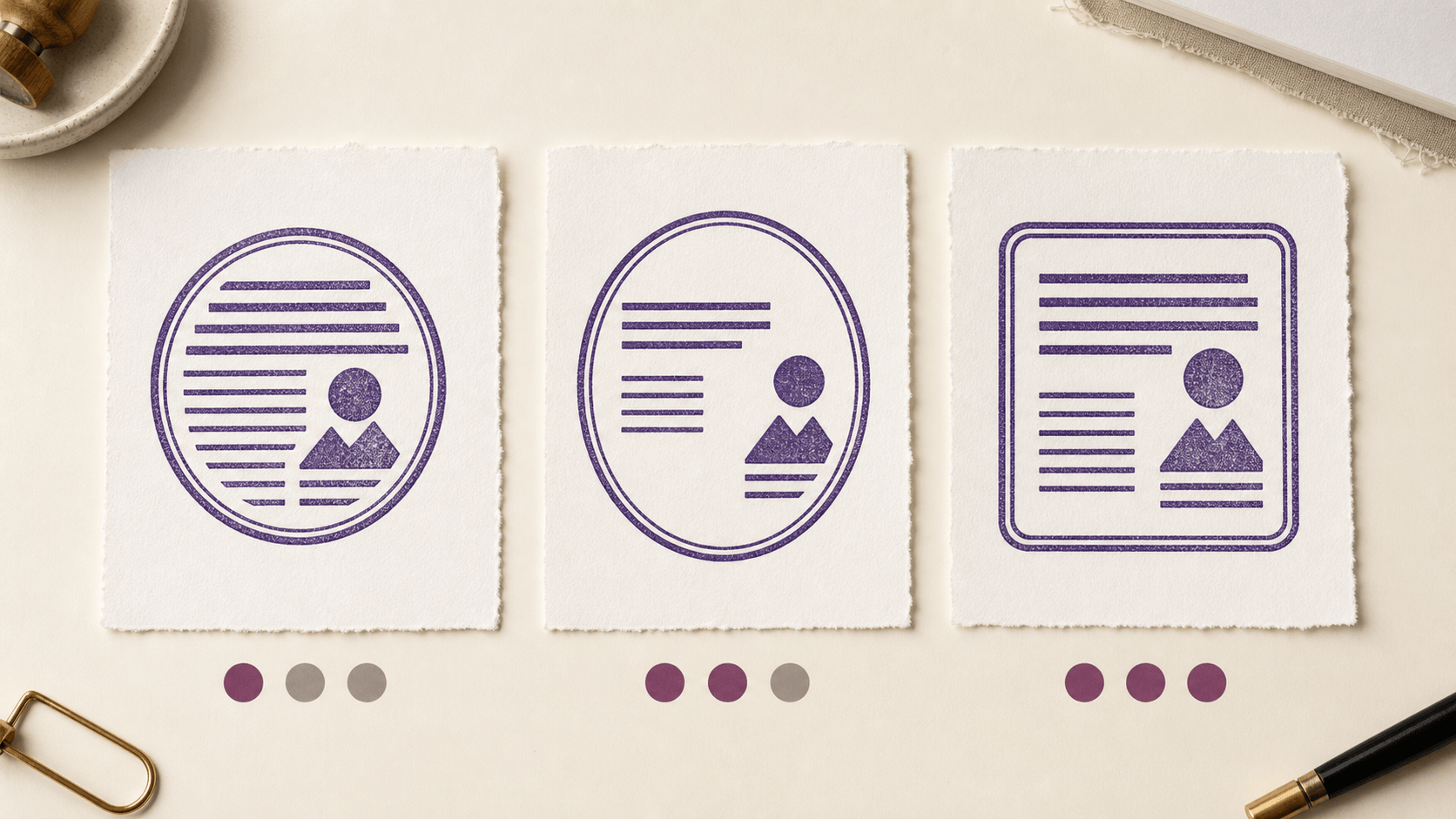 Round, oval, and rectangular stamp template proofs stress-tested with identical abstract content