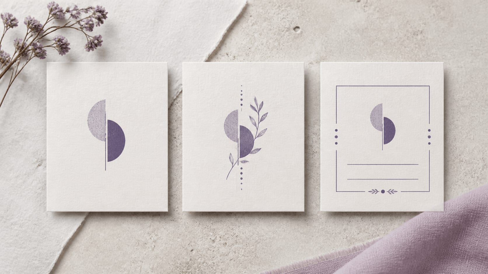 Three coordinated abstract wedding stamp variations for a core mark, botanical version, and address layout