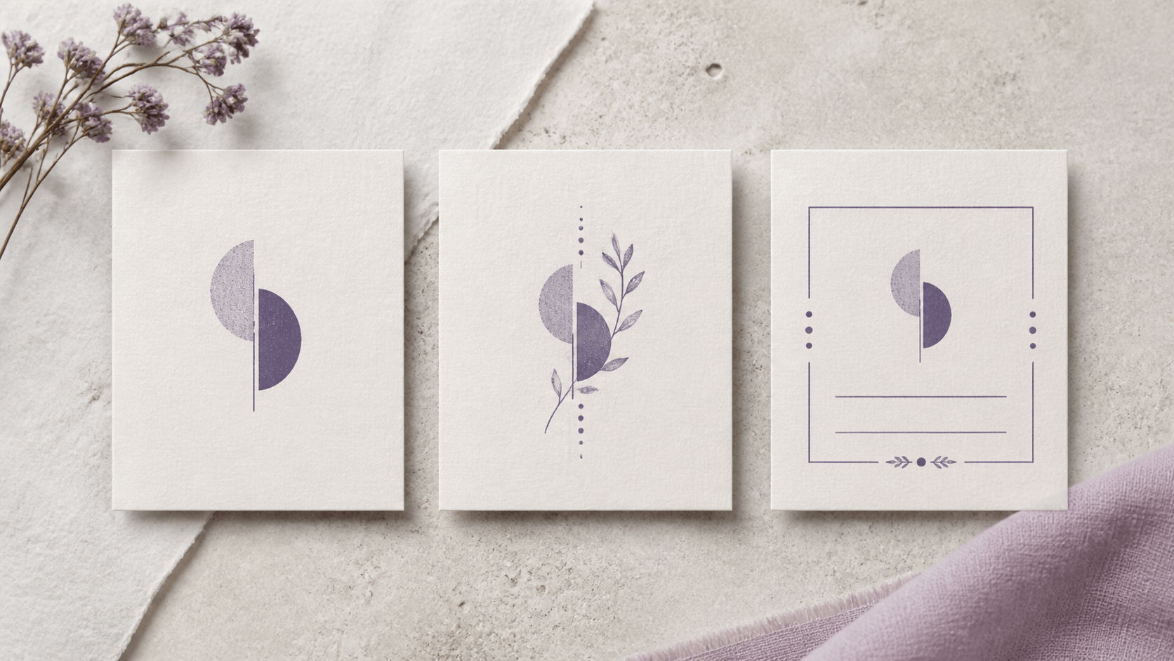 Three coordinated abstract wedding stamp variations for a core mark, botanical version, and address layout